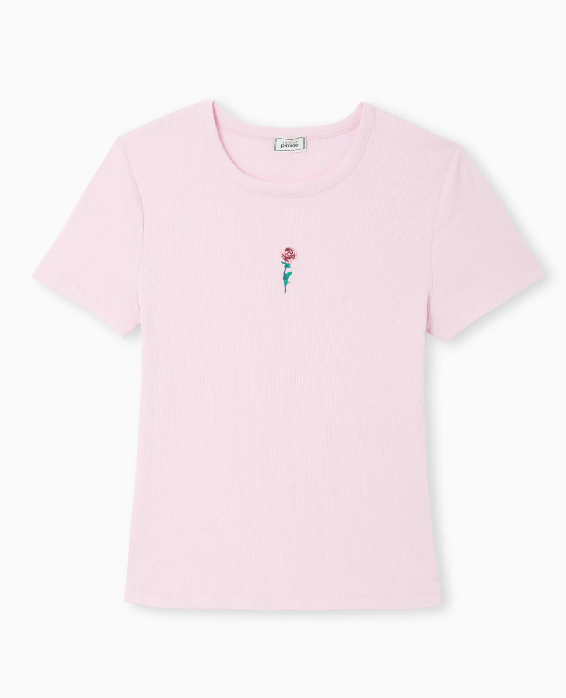 T-shirt En Maille Côtelée Avec Broderie - Rose Poudré