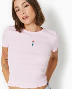 T-shirt En Maille Côtelée Avec Broderie - Rose Poudré