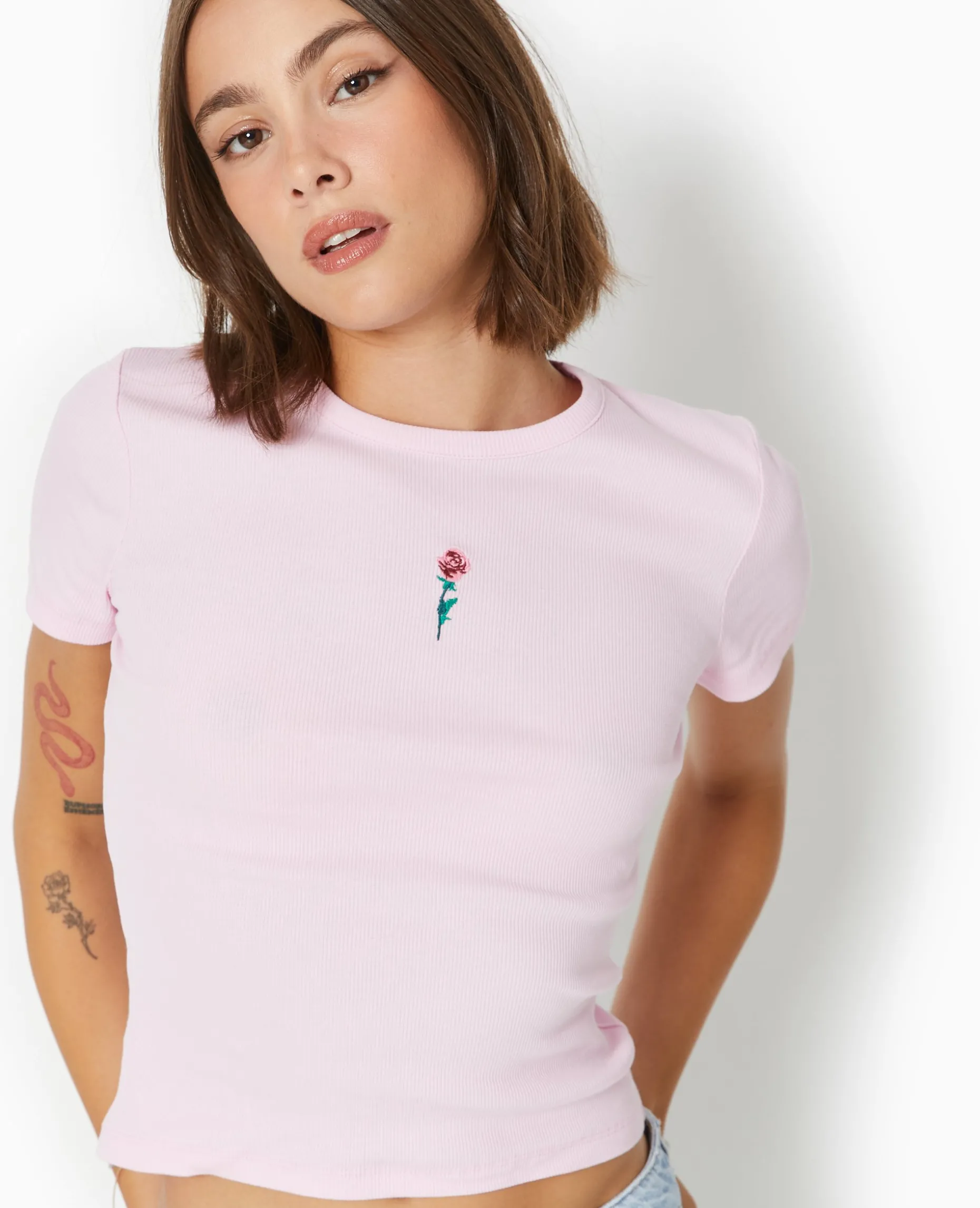 T-shirt En Maille Côtelée Avec Broderie - Rose Poudré