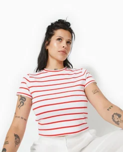T-shirt En Maille Côtelée Motif Rayures - Rouge