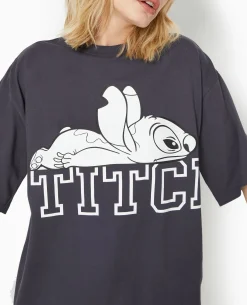 T-shirt Oversize Avec Grand Print STITCH Devant - Gris