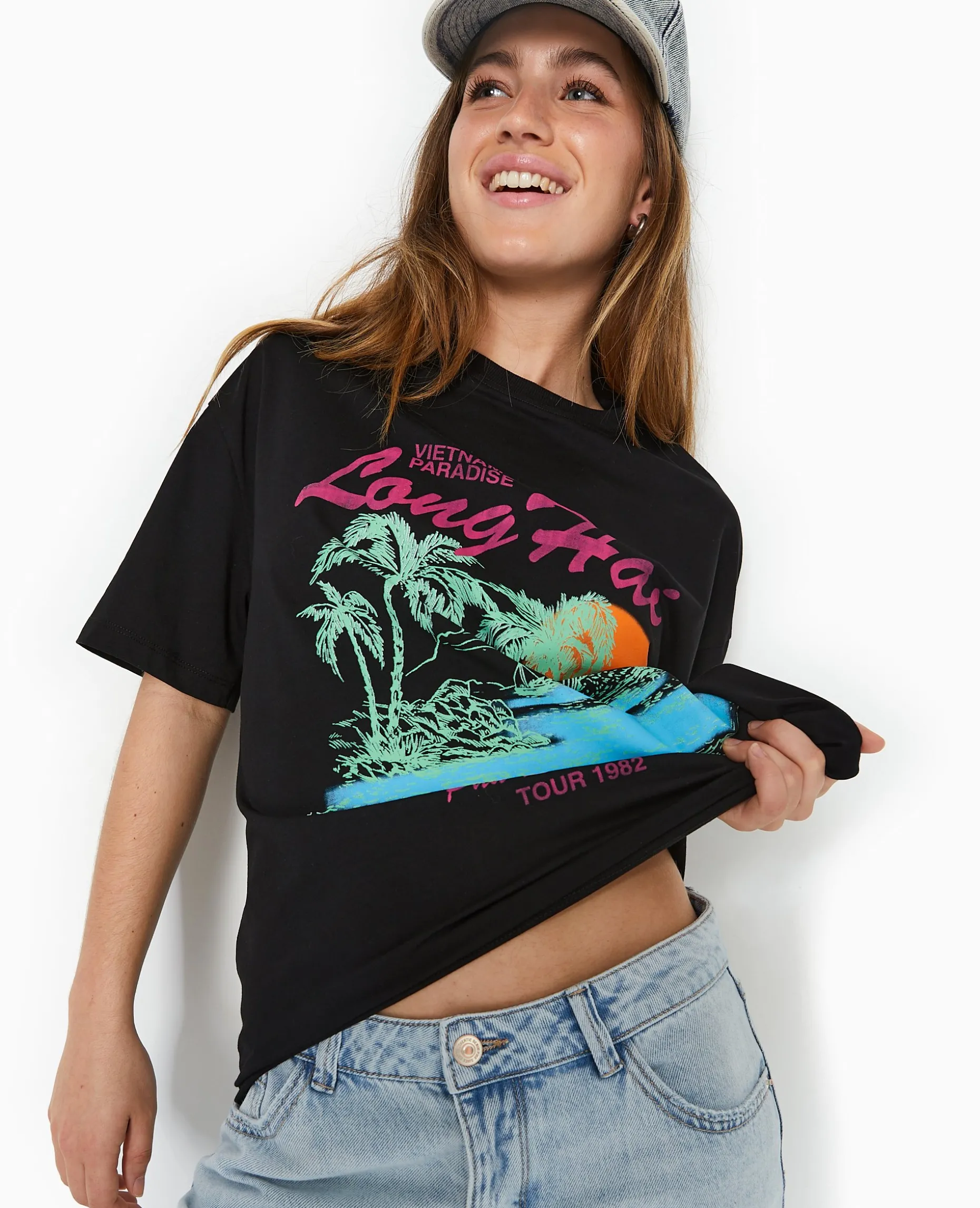 T-shirt Oversize Avec Print Devant - Noir