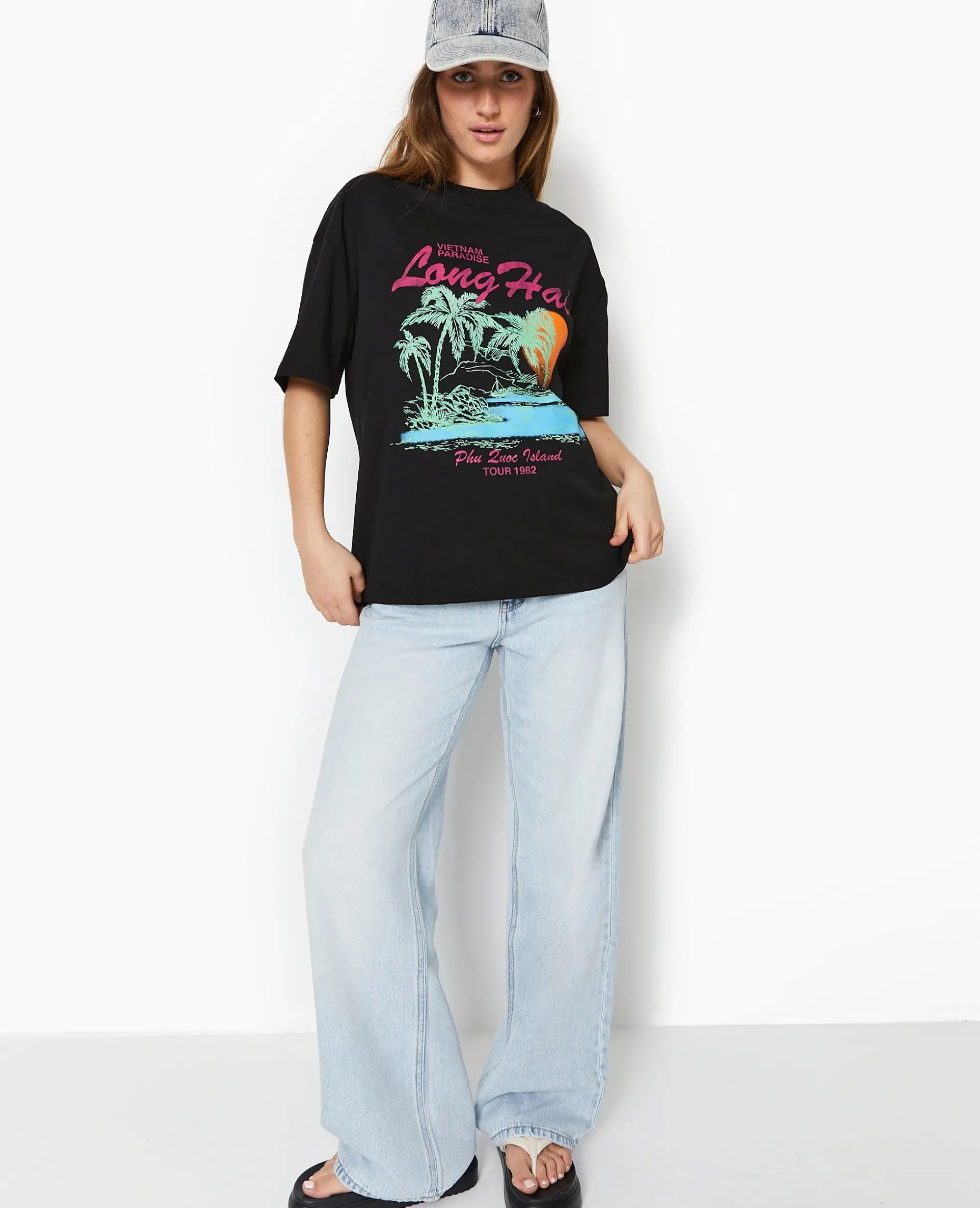T-shirt Oversize Avec Print Devant - Noir