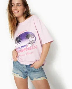 T-shirt Oversize Avec Print Devant - Rose Poudré