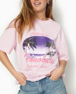 T-shirt Oversize Avec Print Devant - Rose Poudré