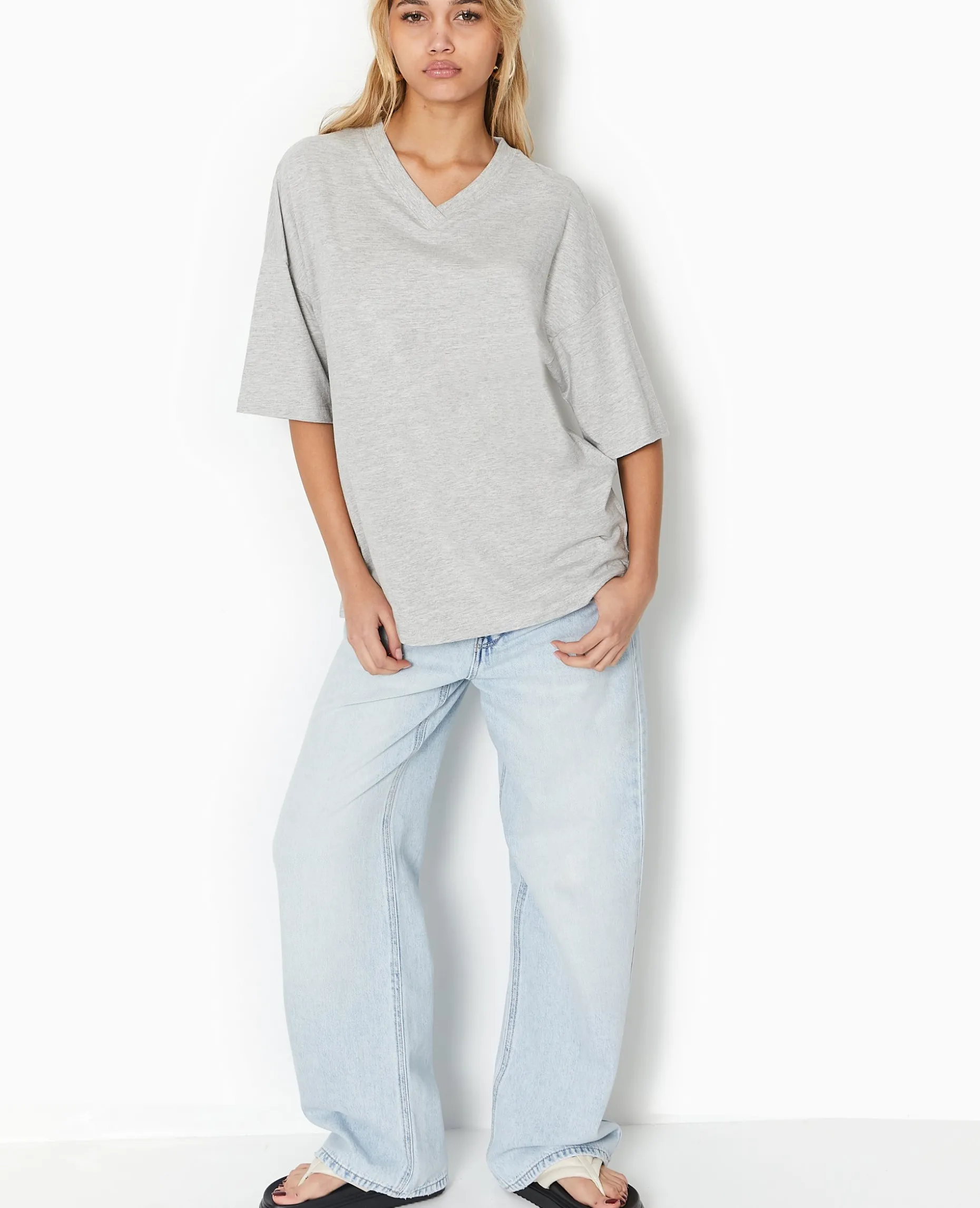 T-shirt Oversize Col V Manches Descendues - Gris Chiné