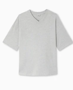 T-shirt Oversize Col V Manches Descendues - Gris Chiné