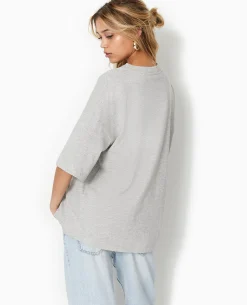 T-shirt Oversize Col V Manches Descendues - Gris Chiné