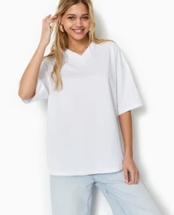 T-shirt Oversize Col V Manches Descendues - Blanc