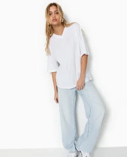 T-shirt Oversize Col V Manches Descendues - Blanc