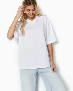 T-shirt Oversize Col V Manches Descendues - Blanc