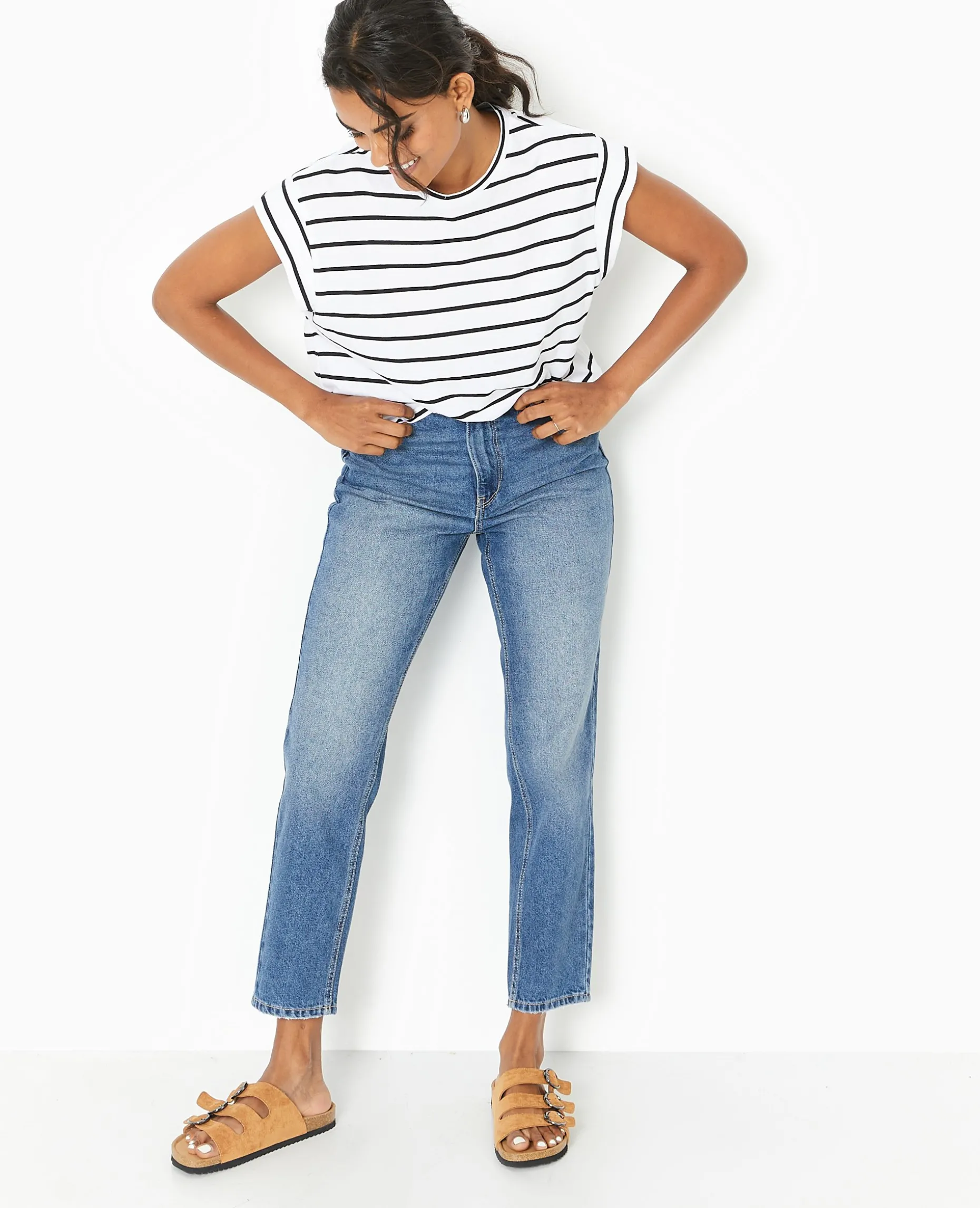 T-shirt Oversize Sans Manches Rayé - Noir