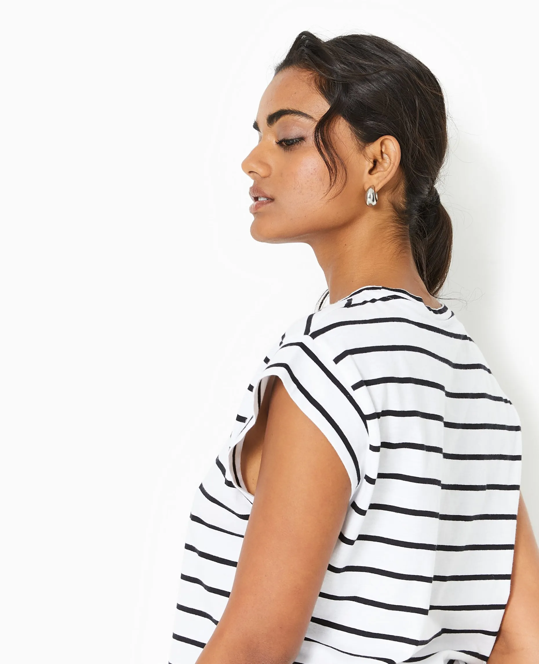 T-shirt Oversize Sans Manches Rayé - Noir