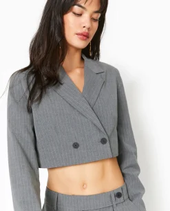 Veste Blazer Cropped Rayures Banquier - Gris Clair