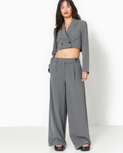 Veste Blazer Cropped Rayures Banquier - Gris Clair