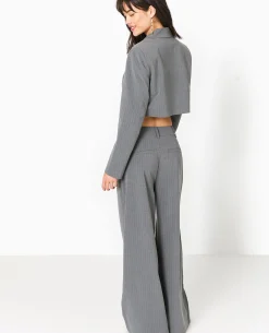 Veste Blazer Cropped Rayures Banquier - Gris Clair