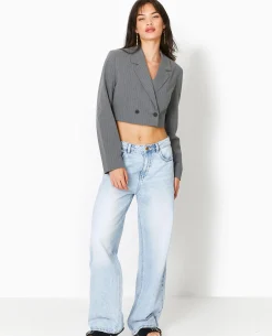Veste Blazer Cropped Rayures Banquier - Gris Clair