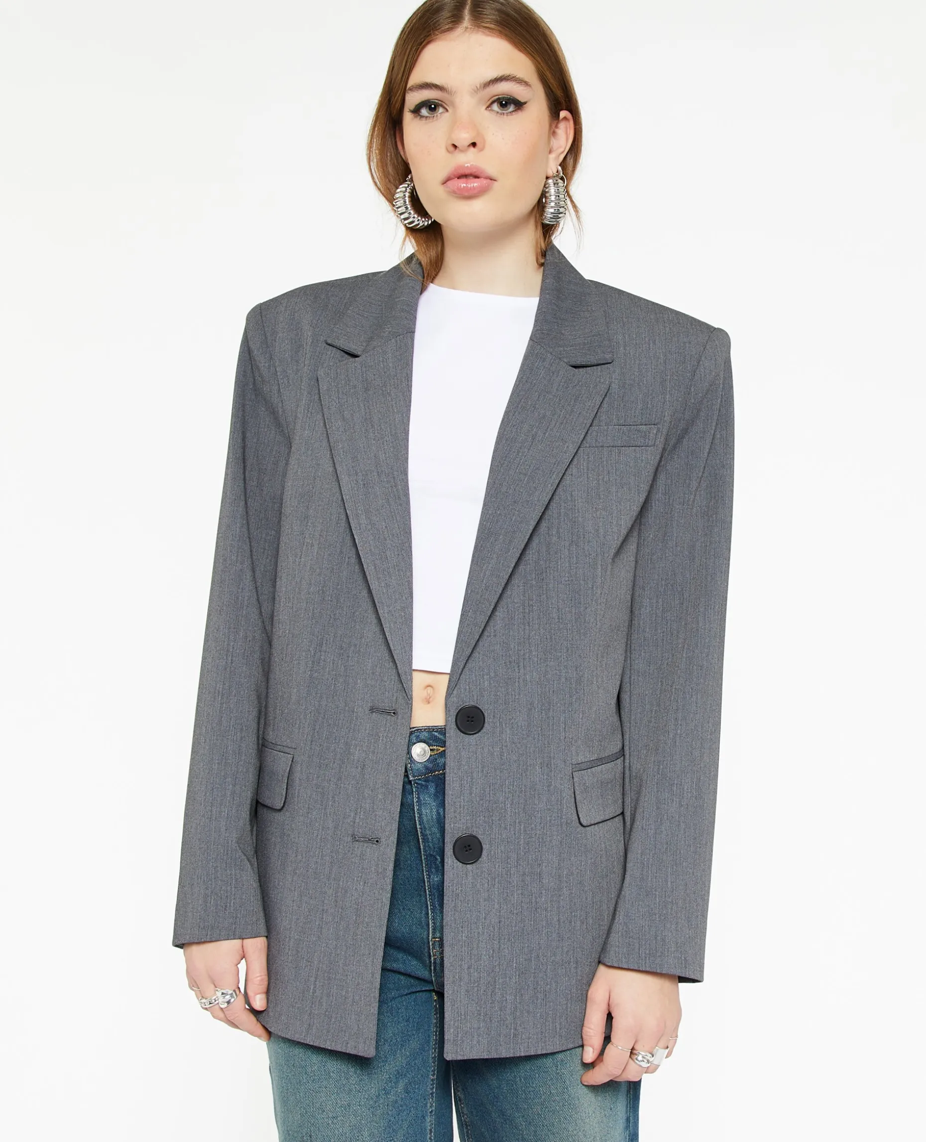 Veste Blazer Oversize Avec épaulettes - Gris Foncé
