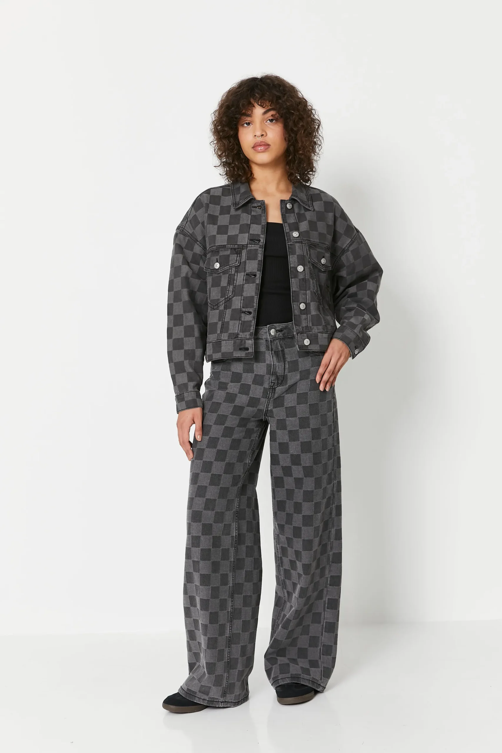 Veste Courte En Jean Motif Damiers - Gris