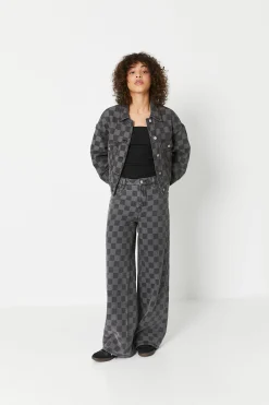 Veste Courte En Jean Motif Damiers - Gris