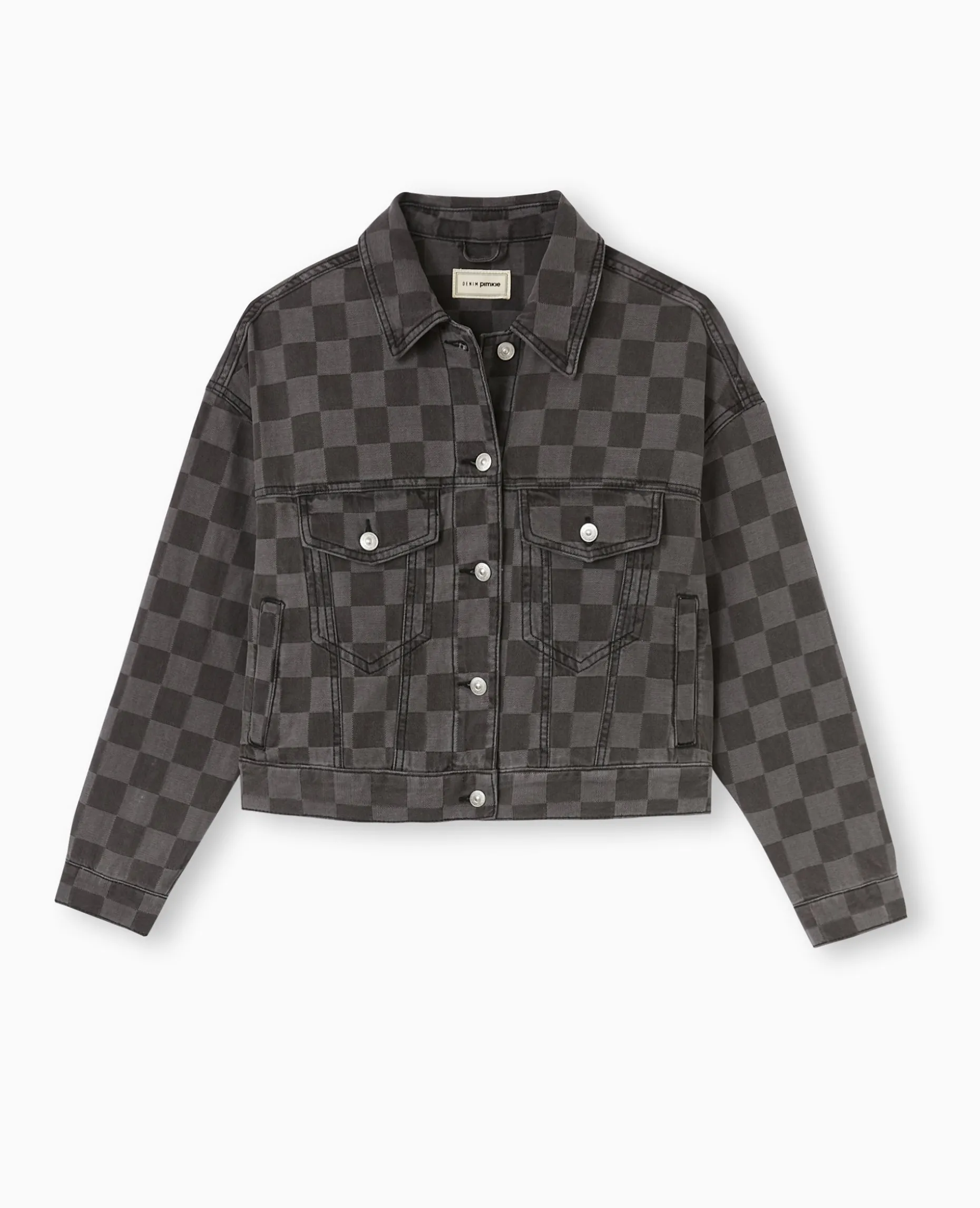 Veste Courte En Jean Motif Damiers - Gris