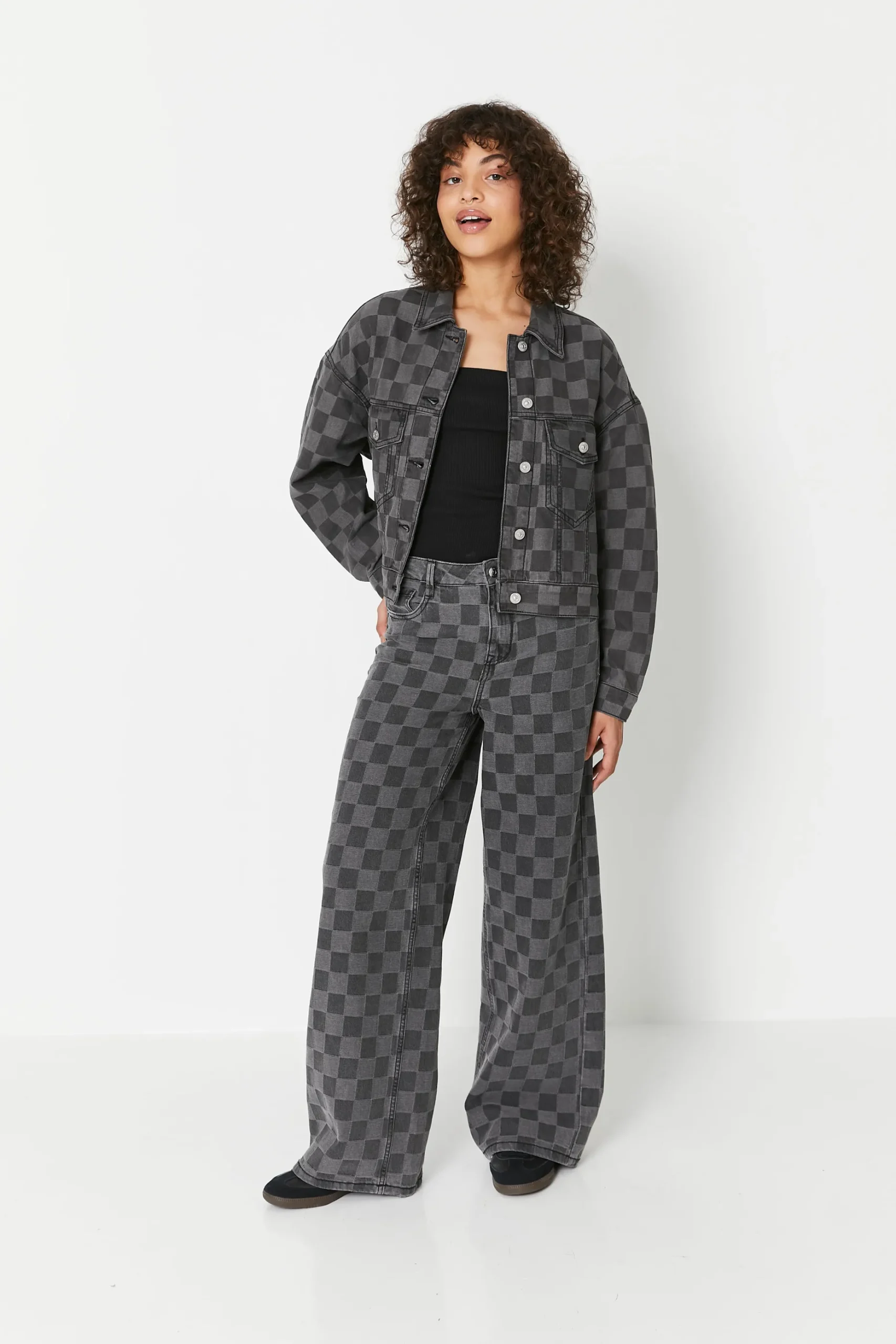 Veste Courte En Jean Motif Damiers - Gris