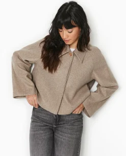 Veste Courte Trapè;ze En Drap De Laine - Marron