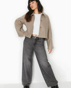 Veste Courte Trapè;ze En Drap De Laine - Marron