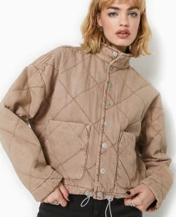 Veste Matelassée En Jean Délavé Acid Wash - Marron
