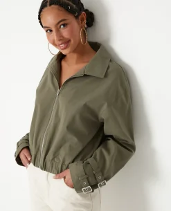 Veste Zippée Courte Avec Col - Vert Kaki