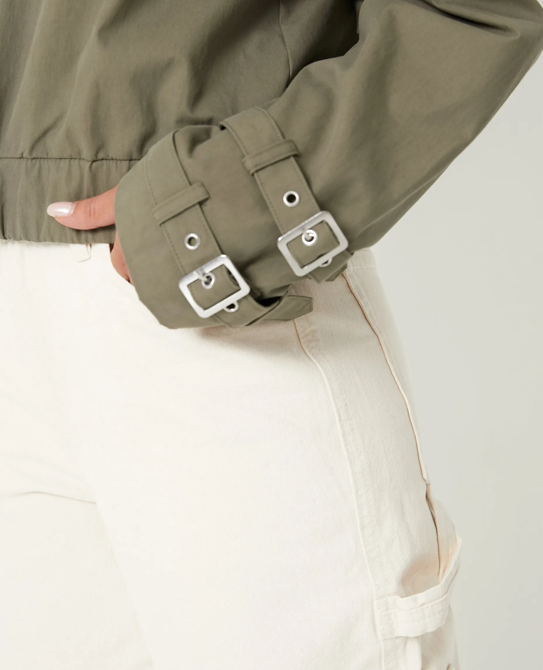 Veste Zippée Courte Avec Col - Vert Kaki