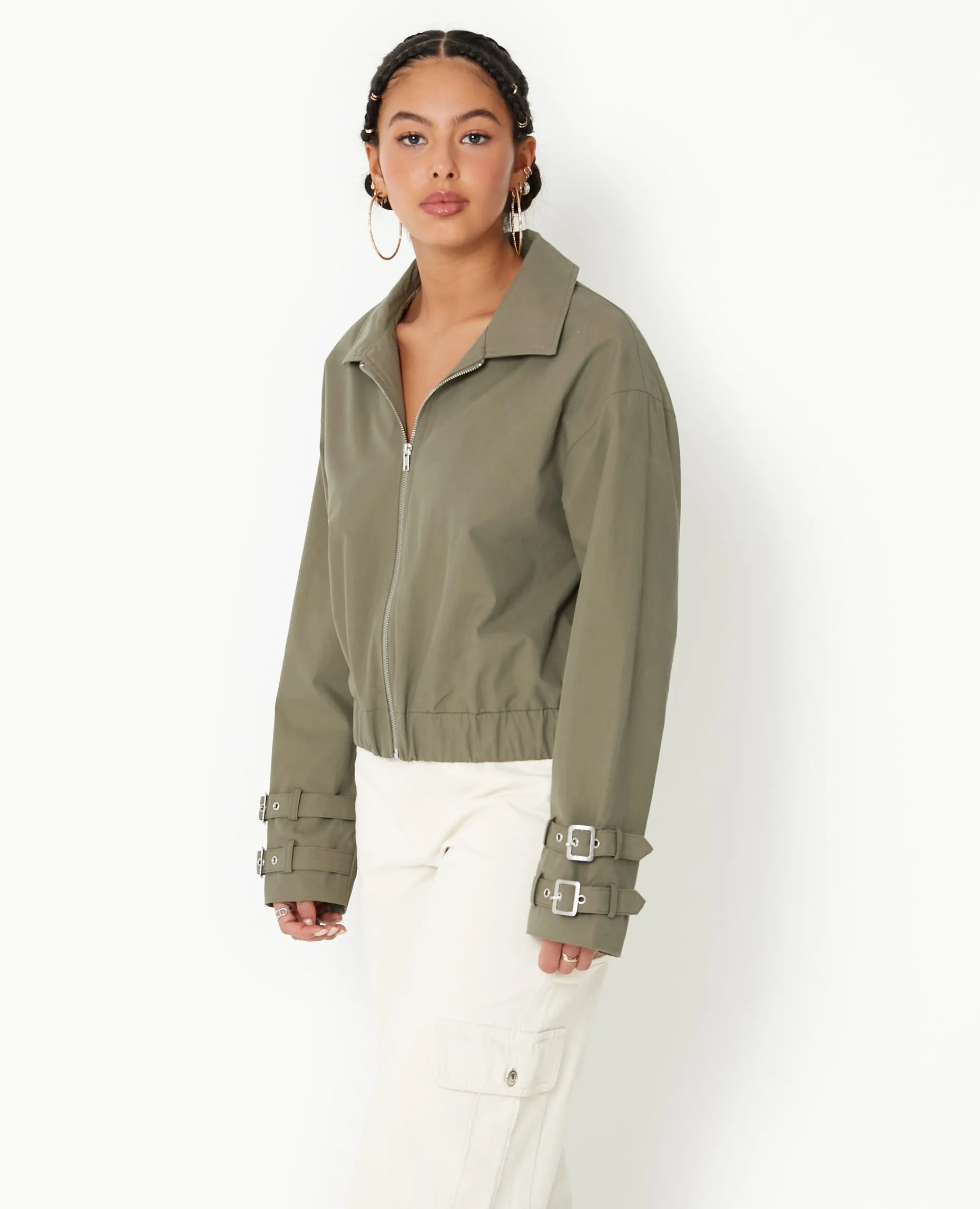 Veste Zippée Courte Avec Col - Vert Kaki