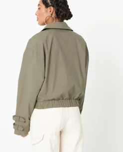 Veste Zippée Courte Avec Col - Vert Kaki