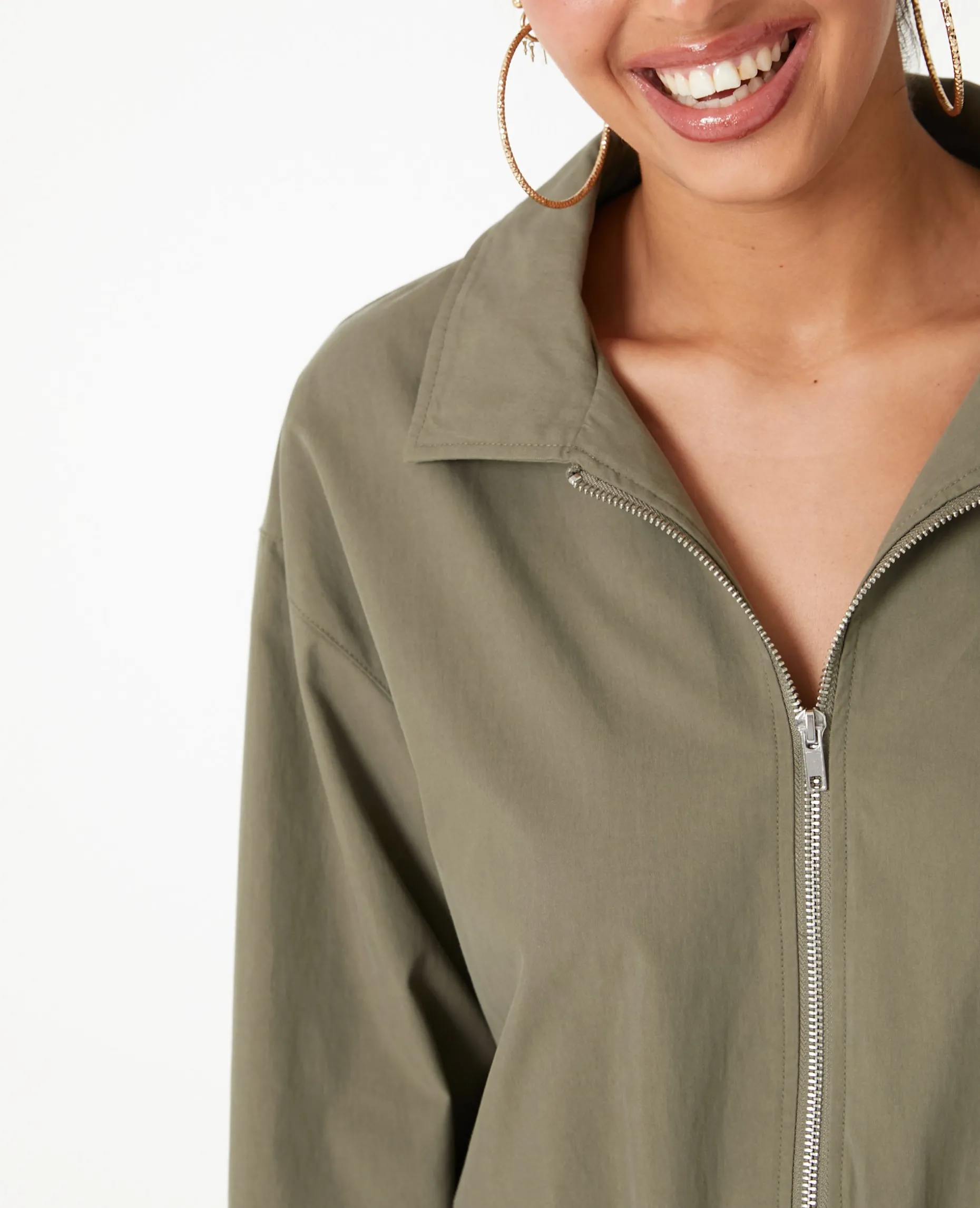 Veste Zippée Courte Avec Col - Vert Kaki