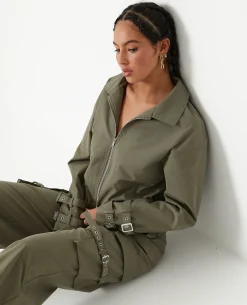 Veste Zippée Courte Avec Col - Vert Kaki