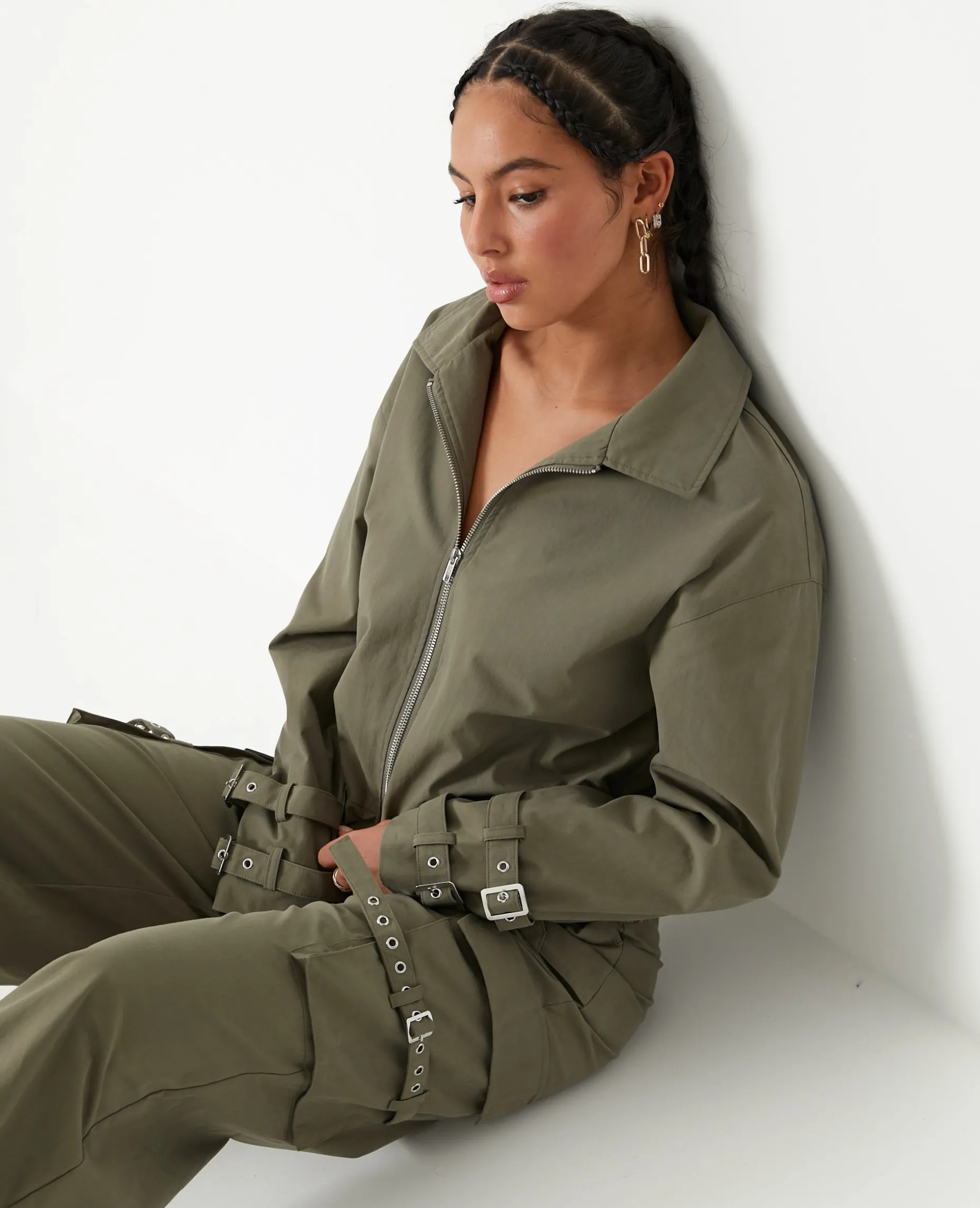 Veste Zippée Courte Avec Col - Vert Kaki